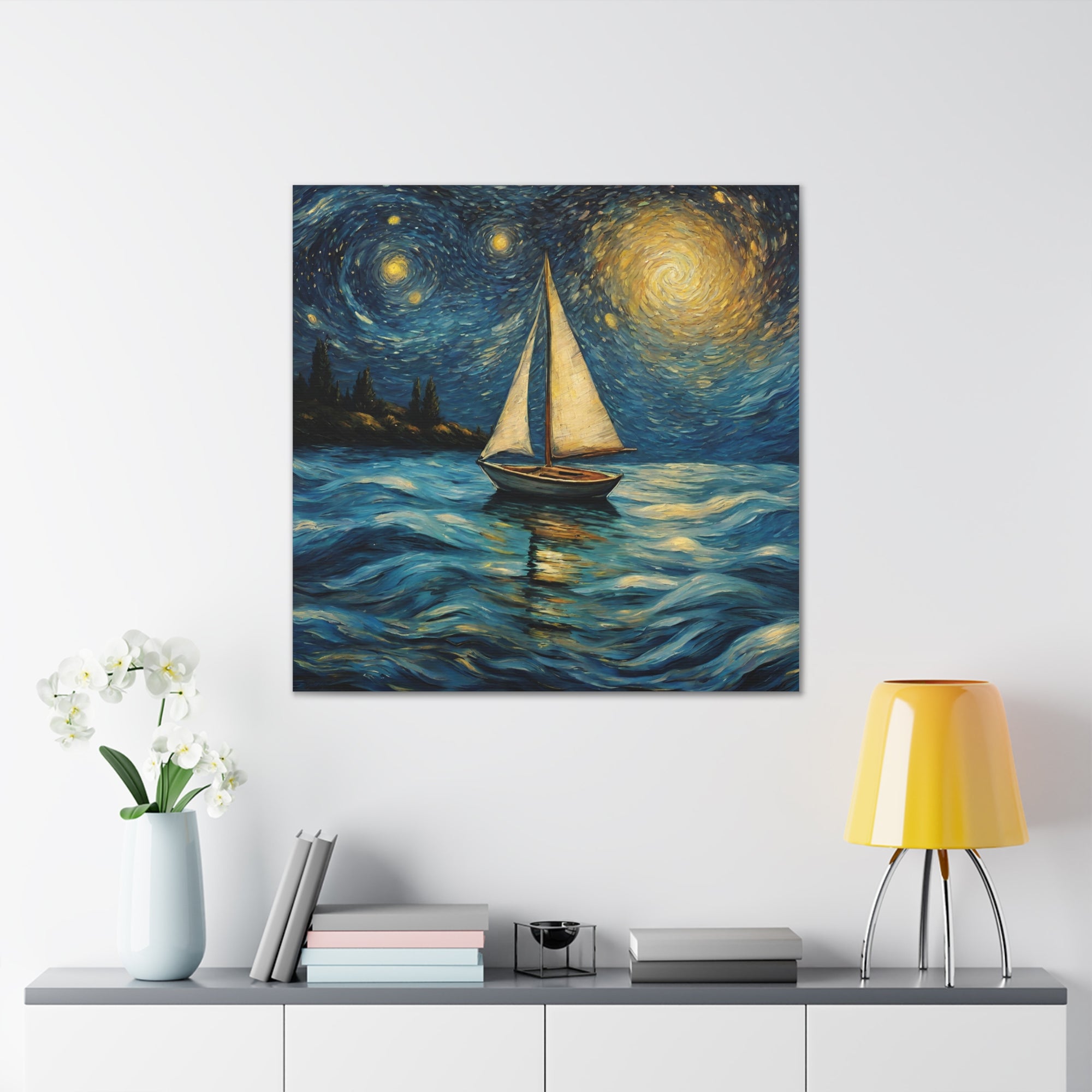 Canvas Gallery print Starry Night Sailboat (Not by Vincent Van Gogh)