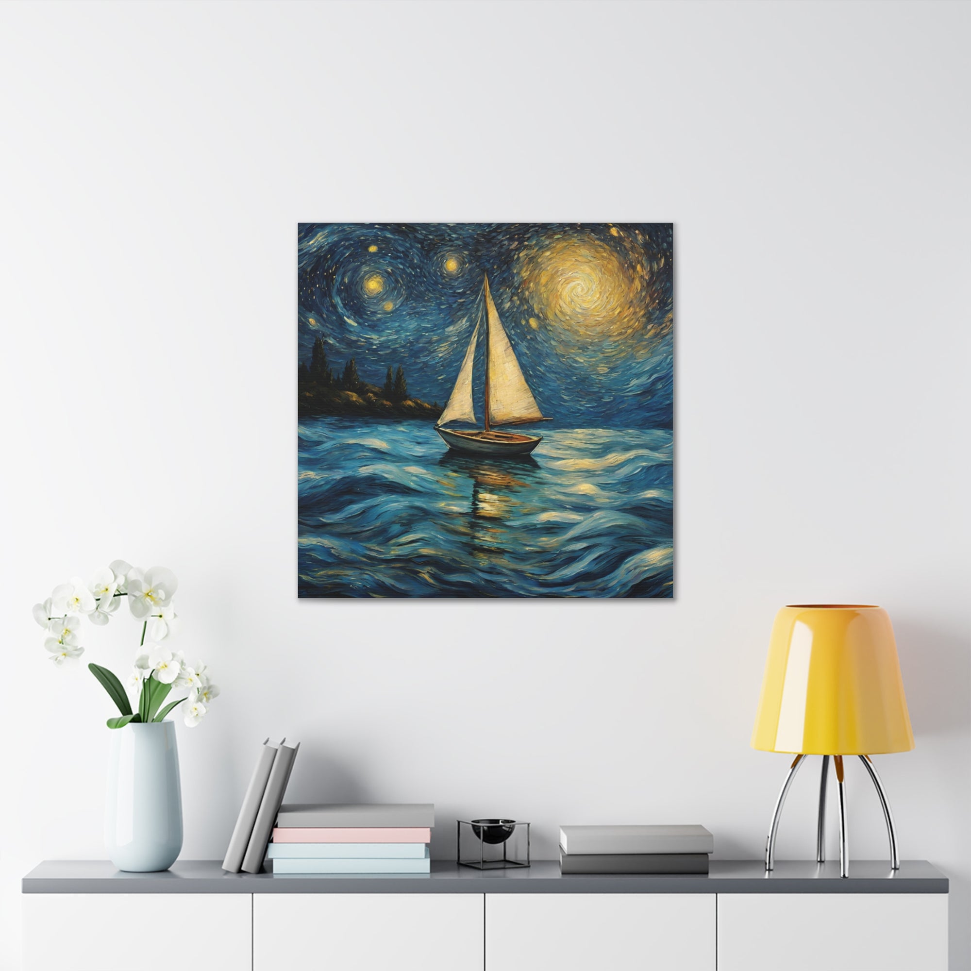 Canvas Gallery print Starry Night Sailboat (Not by Vincent Van Gogh)