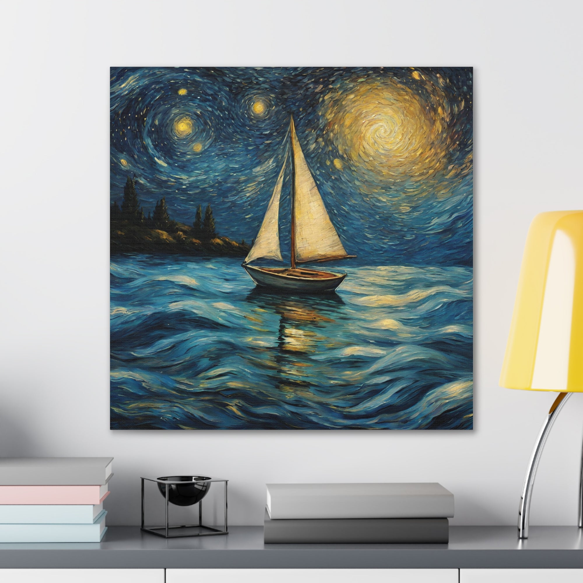 Canvas Gallery print Starry Night Sailboat (Not by Vincent Van Gogh)